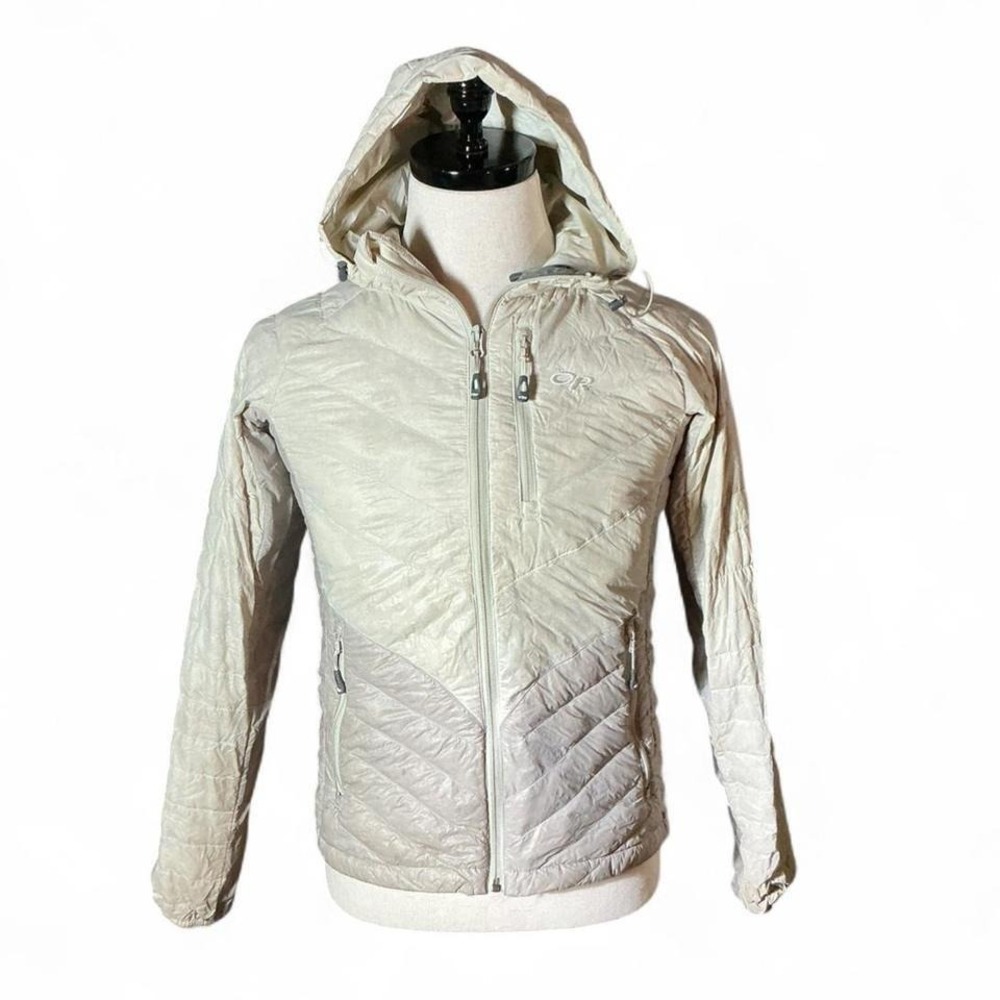 Outdoor Research Womens‎ XS Down Puffer Jacket Hooded Tan Beige Quilted Puffer